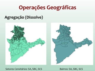 Operações Geográficas
Agregação (Dissolve)
Setores Censitários: SA, SBC, SCS Bairros: SA, SBC, SCS
 