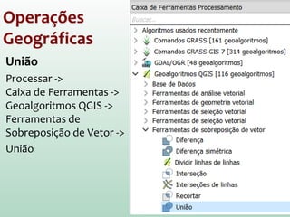 Operações
Geográficas
União
Processar ->
Caixa de Ferramentas ->
Geoalgoritmos QGIS ->
Ferramentas de
Sobreposição de Vetor ->
União
 