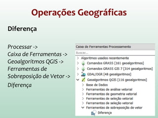 Operações Geográficas
Diferença
Processar ->
Caixa de Ferramentas ->
Geoalgoritmos QGIS ->
Ferramentas de
Sobreposição de Vetor ->
Diferença
 