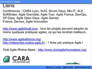 Liens
Conférences : CARA Lyon, SUG, Scrum Days, Mix-IT, ALE,
SoftShake, Agile Grenoble, Agile Tour, Agile France, DevOps,
XP Days, Agile Open Days, Agile Games
France, Devoxx, Agile Innovation

http://www.agileforall.com : tous les projets peuvent adopter au
moins quelques pratiques agiles, ce qui les rendrait meilleurs.

http://www.agilealliance.org/
http://referentiel.institut-agile.fr/ : 1 fiche par pratique Agile !

Club Agile Rhône-Alpes : http://www.clubagilerhonealpes.org/
 
