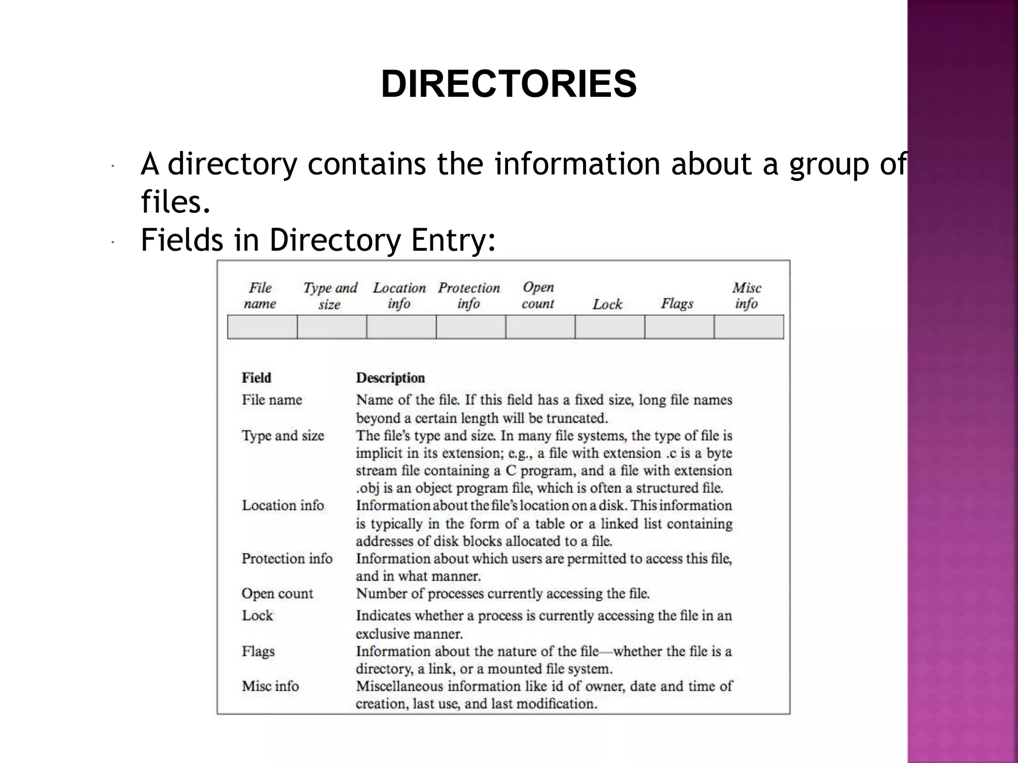 DIRECTORIES
 A directory contains the information about a group of
files.
 Fields in Directory Entry:
 