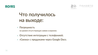 36
РИФ+КИБ 16
Что получилось
на выходе:
Погрешность
на уровне отсутствующих заявок в воронке;
Отсутствие интеграции с телефонией;
«Связка» с продажами через Google Docs.
 