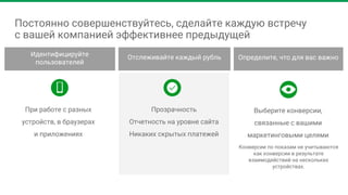 Постоянно совершенствуйтесь, сделайте каждую встречу
с вашей компанией эффективнее предыдущей
При работе с разных
устройств, в браузерах
и приложениях
Прозрачность
Отчетность на уровне сайта
Никаких скрытых платежей
Выберите конверсии,
связанные с вашими
маркетинговыми целями
Идентифицируйте
пользователей
Отслеживайте каждый рубль
Конверсии по показам не учитываются
как конверсии в результате
взаимодействий на нескольких
устройствах.
Определите, что для вас важно
 