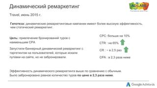 Рекламное агентство
Динамический ремаркетинг
Travel, июнь 2015 г.
Эффективность динамического ремаркетинга выше по сравнению с обычным.
Было забронировано равное количество туров по цене в 2,3 раза ниже.
Гипотеза: динамические ремаркетинговые кампании имеют более высокую эффективность,
чем статический ремаркетинг.
Цель: привлечение бронирований туров с
наименьшим СРА
Запустили баннерный динамический ремаркетинг с
таргетингом на пользователей, которые искали
путевки на сайте, но не забронировали.
CPC: больше на 10%
CTR : на 65%
CR : ~ в 2,5 раз
CPA : в 2,3 раза ниже
 
