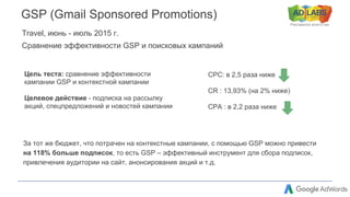 Рекламное агентство
GSP (Gmail Sponsored Promotions)
За тот же бюджет, что потрачен на контекстные кампании, с помощью GSP можно привести
на 118% больше подписок, то есть GSP – эффективный инструмент для сбора подписок,
привлечения аудитории на сайт, анонсирования акций и т.д.
Цель теста: сравнение эффективности
кампании GSP и контекстной кампании
Целевое действие - подписка на рассылку
акций, спецпредложений и новостей кампании
CPC: в 2,5 раза ниже
CR : 13,93% (на 2% ниже)
CPA : в 2,2 раза ниже
Travel, июнь - июль 2015 г.
Сравнение эффективности GSP и поисковых кампаний
 