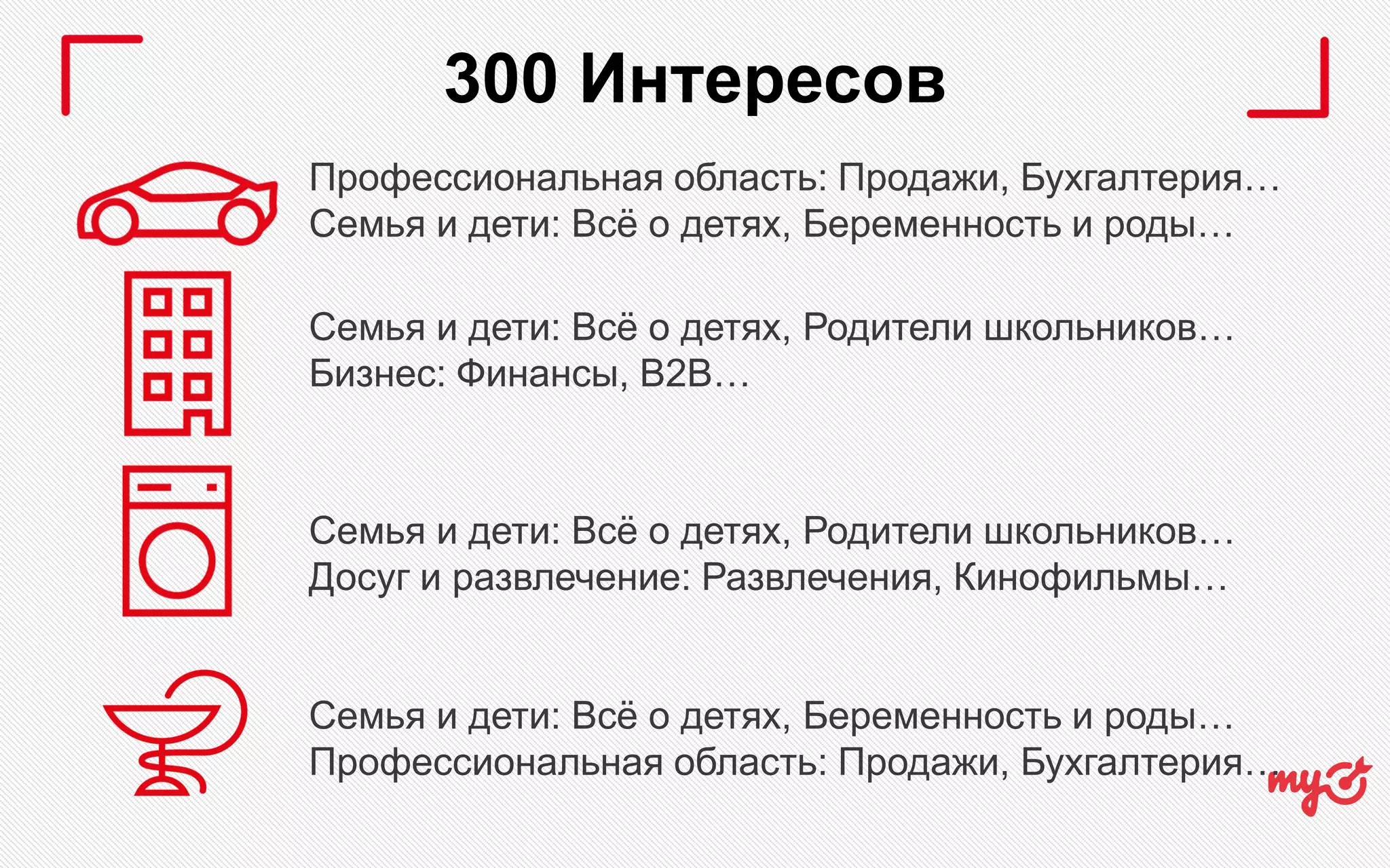 300 Интересов
Профессиональная область: Продажи, Бухгалтерия…
Семья и дети: Всё о детях, Беременность и роды…
Семья и дети: Всё о детях, Родители школьников…
Бизнес: Финансы, B2B…
Семья и дети: Всё о детях, Родители школьников…
Досуг и развлечение: Развлечения, Кинофильмы…
Семья и дети: Всё о детях, Беременность и роды…
Профессиональная область: Продажи, Бухгалтерия…
 