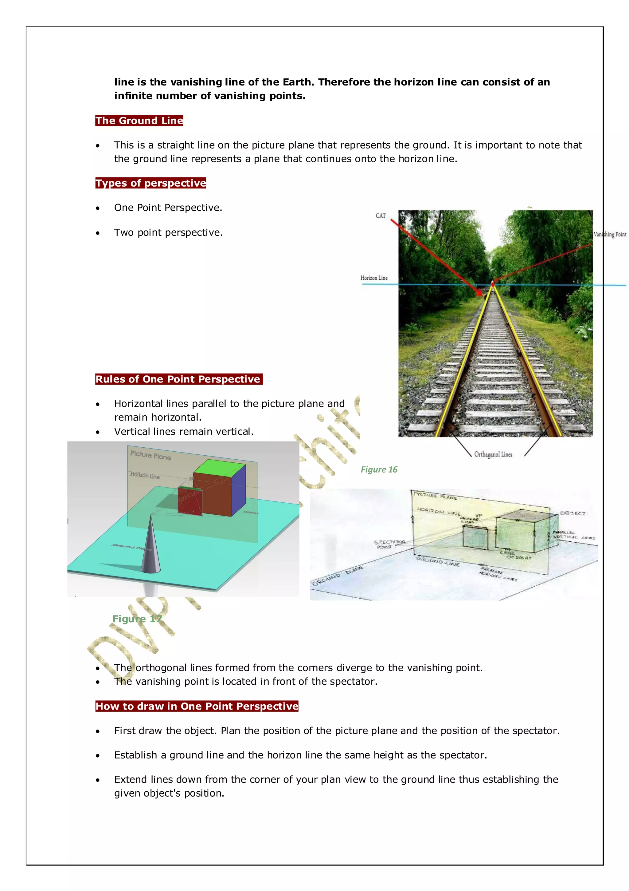 line is the vanishing line of the Earth. Therefore the horizon line can consist of an 
infinite number of vanishing points. 
The Ground Line 
 This is a straight line on the picture plane that represents the ground. It is important to note that 
the ground line represents a plane that continues onto the horizon line. 
Types of perspective 
 One Point Perspective. 
 Two point perspective. 
Rules of One Point Perspective 
 Horizontal lines parallel to the picture plane and 
remain horizontal. 
 Vertical lines remain vertical. 
Figure 17 
 The orthogonal lines formed from the corners diverge to the vanishing point. 
 The vanishing point is located in front of the spectator. 
How to draw in One Point Perspective 
 First draw the object. Plan the position of the picture plane and the position of the spectator. 
 Establish a ground line and the horizon line the same height as the spectator. 
 Extend lines down from the corner of your plan view to the ground line thus establishing the 
given object's position. 
Figure 16 
 