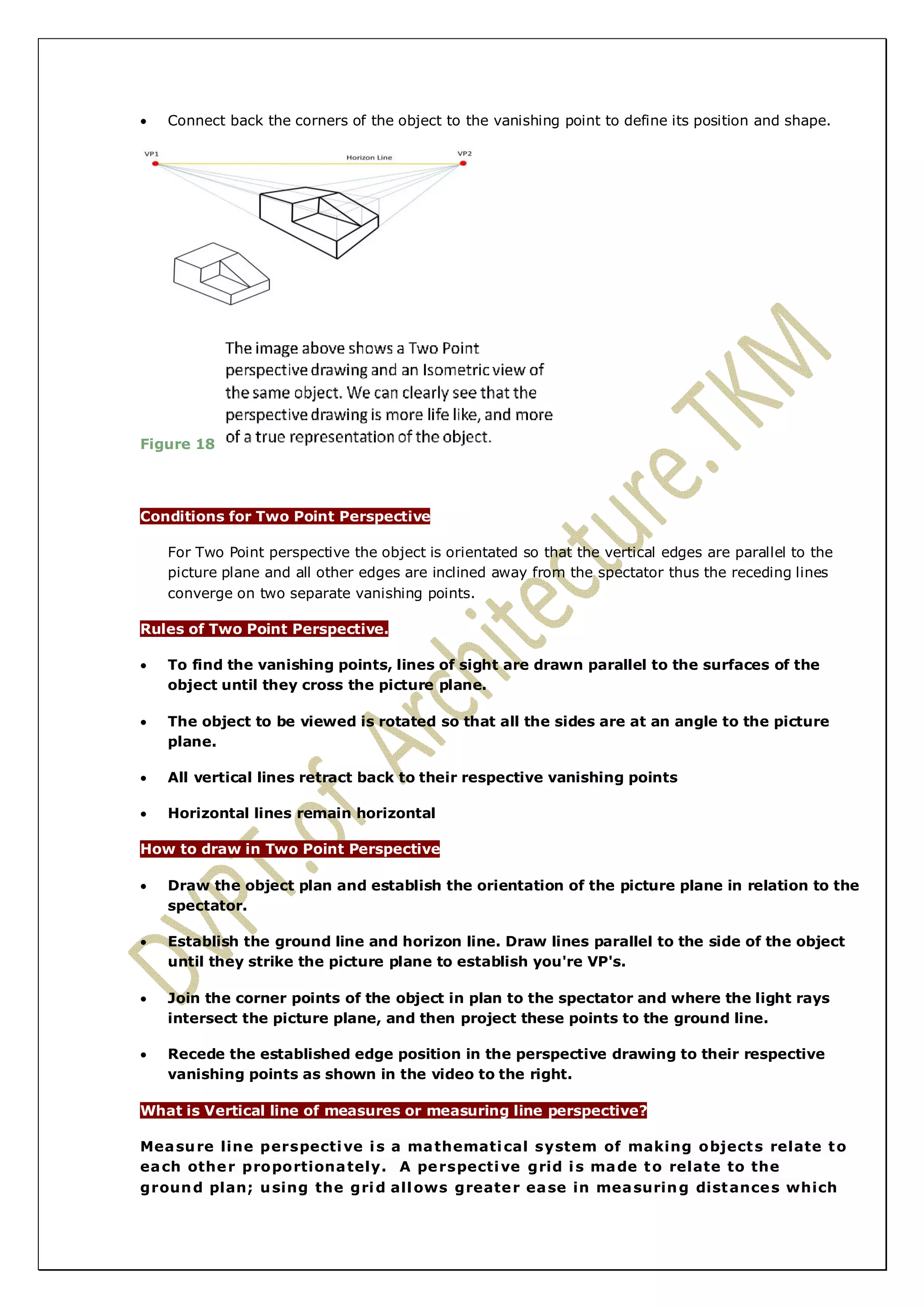  Connect back the corners of the object to the vanishing point to define its position and shape. 
Figure 18 
Conditions for Two Point Perspective 
 For Two Point perspective the object is orientated so that the vertical edges are parallel to the 
picture plane and all other edges are inclined away from the spectator thus the receding lines 
converge on two separate vanishing points. 
Rules of Two Point Perspective. 
 To find the vanishing points, lines of sight are drawn parallel to the surfaces of the 
object until they cross the picture plane. 
 The object to be viewed is rotated so that all the sides are at an angle to the picture 
plane. 
 All vertical lines retract back to their respective vanishing points 
 Horizontal lines remain horizontal 
How to draw in Two Point Perspective 
 Draw the object plan and establish the orientation of the picture plane in relation to the 
spectator. 
 Establish the ground line and horizon line. Draw lines parallel to the side of the object 
until they strike the picture plane to establish you're VP's. 
 Join the corner points of the object in plan to the spectator and where the light rays 
intersect the picture plane, and then project these points to the ground line. 
 Recede the established edge position in the perspective drawing to their respective 
vanishing points as shown in the video to the right. 
What is Vertical line of measures or measuring line perspective? 
Measure line perspective is a mathematical system of making objects relate to 
each other proportionately. A perspective grid is made to relate to the 
ground plan; using the grid allows greater ease in measuring distances which 
 