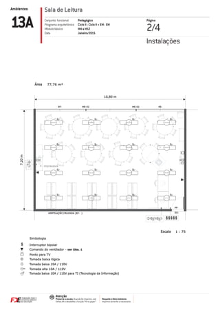 Ambientes
Respeite o Meio Ambiente.
Imprima somente o necessário
Atenção
Preserve a escala: Quando for imprimir, use
folhas A4 e desabilite a função “Fit to paper”
Sala de Leitura
Página
2/413A Pedagógico
Ciclo II - Ciclo II + EM - EM
M4 a M12
Janeiro/2015
Conjunto funcional
Programa arquitetônico
Módulo básico
Data
Instalações
10,80 m
7,20m
PF-
SO-VENTILAÇÃO CRUZADA (EF- )
EF- ME-02 ME-02 PE-
IL-
Simbologia
Tomada baixa lógica
Interruptor bipolar
Tomada baixa 10A / 110V
Ponto para TV
Tomada alta 10A / 110V
Tomada baixa 10A / 110V para TI (Tecnologia da Informação)
Comando do ventilador ver Obs. 1-
77,76 m²Área
Escala 1 : 75
IL- IL- IL-
IL- IL- IL- IL-
IL- IL- IL- IL-
IL- IL- IL- IL-
impressora
 