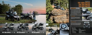 RECREATION 2-UP ATVS


                                                                                                                                                             TRV 1000 LIMITED
                                                                                                                                                              TRV 700 LIMITED
                                                                                                                                                              TRV 550 LIMITED
                                                                                                                     TRV LIMITED PACKAGE
                                                                                                                     Our TRV Limited models give you ﬁrst-class everything.
                                                                                                                     Simply the most luxurious and comfortable 2-up machines
                                                                                                                     out there. These machines feature heated driver handlebar
                                                                                                                     and passenger handgrips, lockable travel case, 2-piece
                                                                                                                     fairing and windshield, winch, electronic power steering,
                                                                                                                     sway bar and a plush passenger seat. So wouldn’t you say
                                                                                                                     it’s time you rode off into the sunset?



                                                                                                                     HEATED HANDGRIPS
                                                                                                                     Heated handgrips will keep your hands nice and warm
                                                                                                                     throughout the ride. Both driver and passenger have
                                                                                                                     independent controls, so you can adjust the warmth
                                                                                                                     to however you want it.




                                                                                                                     LOCKABLE TRAVEL CASE
                                                                                                                     The lockable travel case features a hard plastic exterior,
                                                                                                                     painted to match your ride. Plus, there’s a gas-charged lift
                                                                                                                     support on the lid to make loading and unloading super easy.
                                                                                                                     And it’s lockable for safe, secure storage of your gear.




                                                                                                                        GENERAL FEATURES:
                                                                                                                        •   Automotive-style paint                •   Mirrors
                                                                                                                        •   Electronic power steering             •   Travel case
                                                                                                                        •   Duramatic automatic transmission      •   Heated driver and passenger handgrips
                                                                                                                        •   Sway bar                              •   Deluxe digital/analog gauge
                                                                                                                        •   Park (700 and 1000)                   •   3,000-lb.winch

       TRV 1000 LIMITED                            TRV 700 LIMITED                  TRV 550 LIMITED
                                                                                                                        •   11" of ground clearance               •   Aluminum rims
                                    Color Option                     Color Option                     Color Option
                                                                                                                        •   Fairing and windshield                •   2WD/4WD with front differential lock

  36                                                                                                                                                                                                                            37



ATV120013-FullLineBro_36-37 36-37                                                                                                                                                                                       7/16/12 4:51 PM
 