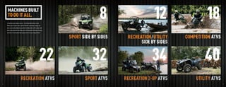 MACHINES BUILT
              TO DO IT ALL.
            For whatever you do, however you ride — we build machines with you in mind.
            Whether you’re a hunter, farmer, rancher, ﬁsherman, cabin owner, sand guy, trail
                                                                                                                     8                    12                  18
            rider or just an avid outdoorsman, your Arctic Cat Side by Side or ATV is ready to ride.
            Built by folks who do the same things you do. And loaded with technology, innovation
            and muscle. So rest assured, when you buy an Arctic Cat, you’re buying the best.



                                                                                                       SPORT SIDE BY SIDES    RECREATION / UTILITY   COMPETITION ATVS
                                                                                                                                    SIDE BY SIDES


                                                                                            22                    32                      34                 40
                                              RECREATION ATVS                                                 SPORT ATVS     RECREATION 2-UP ATVS        UTILITY ATVS
  4                                                                                                                                                                          5



ATV120013-FullLineBro_04-05 4-5                                                                                                                                    7/13/12 12:15 PM
 