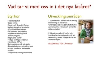 Vad tar vi med oss in i det nya läsåret?
Styrkor                              Utvecklingsområden
Föräldranöjdhet                      1. Systematiskt planera för en allsidig
Öppet klimat                         bedömning av elevernas
Eleven och lärandet i fokus          kunskapsutveckling och utarbeta mer
Matteprojektets erfarenheter         gemensamma rutiner och former för
Hög trivsel bland elever             dokumentation.
Ger relevant återkoppling
Inbjuder till elevinﬂytande          2. Ge eleverna kontinuerlig och
Anmärkningsfria                      framåtsyftande återkoppling så att
Hög kvalité på ÅP                    bedömning blir en integrerad del av
Tydliga skriftliga omdömen           undervisningen.
Individuella IUP:er
Kommunicerar mål och syfte           BEDÖMNING FÖR LÄRANDE!
Stödet till elever med svårigheter
Modiga, moderna pedagoger
IT-vana
Fungerande värdegrundsarbete
 
