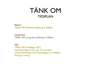 TÄNK OM
                        TIDSPLAN

Rektor:
TÄNK OM Skolledarutbildning, 9 tillfällen


Lärspridare:
TÄNK OM Lärspridarutbildning, 5 tillfällen


Alla:
TÄNK OM, 4 heldagar 2013
Inspirationsdag 15 juni och 15 november
Lokala Workshops med IT-pedagogerna, 3 tillfällen
Sharing is caring
 