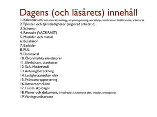 Dagens (och läsårets) innehåll
1. Kalendarium, foto, elevråd, skoljogg, utrymningsövning, workshops, konferenser, föräldramöte, arbetsåret
2. Tjänster och tjänstledigheter (reglerad arbetstid)
3. Scheman
4. Rastvakt (VACKRAST)
5. Mattider och matsal
6. Busslistor
7. Badtider
8. PUL
9. Datoravtal
10. Öronmärkta elevdatorer
11. Elevhälsans blanketter
12. SvA, Modersmål
13. Anhörigförteckning
14. Ledighetsansökan elev
15. Frånvarorapportering
16. Ansvarsområden
17. Första skoldagen
18. Planer och dokument, Trivselregler, Likabehandl.plan, krisplan, arbetsplaner
19.Värdegrundsarbete
 
