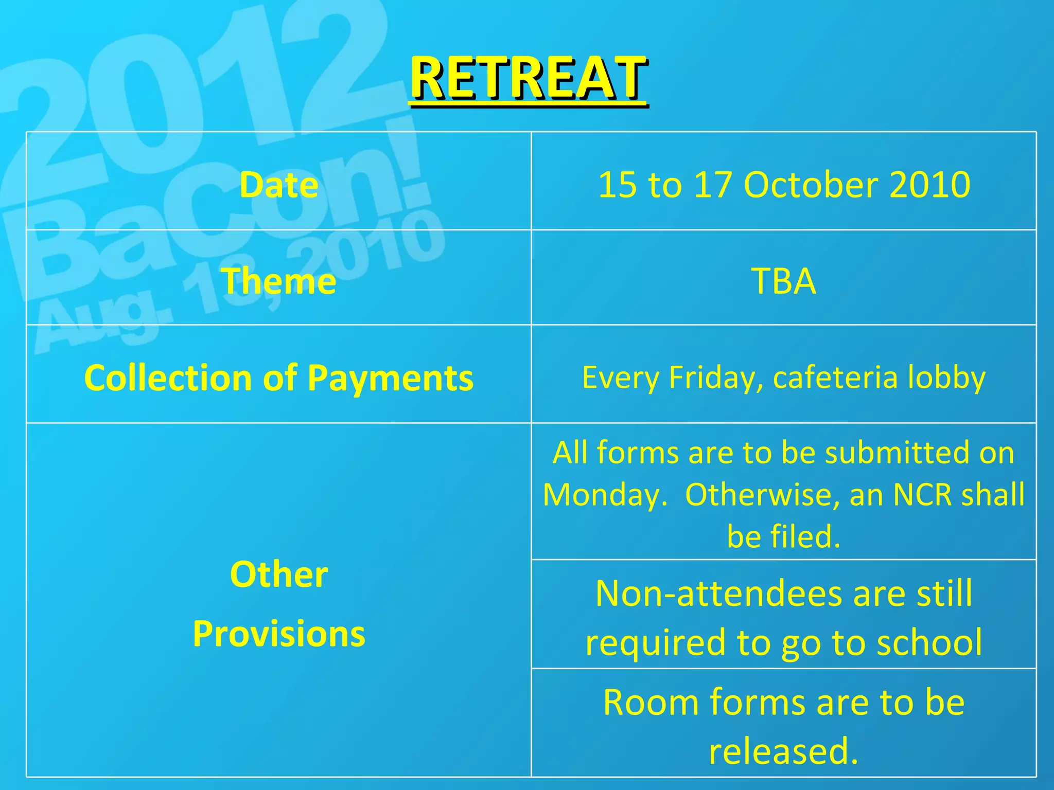 RETREAT Room forms are to be released. Non-attendees are still required to go to school All forms are to be submitted on Monday.  Otherwise, an NCR shall be filed. Other Provisions Every Friday, cafeteria lobby Collection of Payments TBA Theme 15 to 17 October 2010 Date 