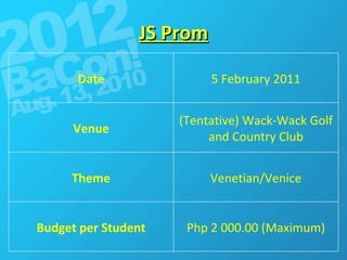 JS Prom Php 2 000.00 (Maximum) Budget per Student Venetian/Venice Theme (Tentative) Wack-Wack Golf and Country Club Venue 5 February 2011 Date 