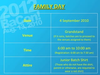 FAMILY DAY Junior Batch Shirt (Those who do not have the shirt, parent or otherwise, are required to wear a red shirt) Attire 6:00 am to 10:00 am (Registration: 6:00 am to 7:30 am) Time Grandstand (If it rains, batches are to proceed to the venues assigned to them) Venue 4 September 2010 Date 