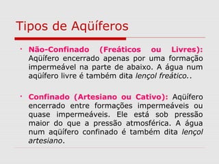 Tipos de Aqüíferos
 Não-Confinado (Freáticos ou Livres):
Aqüífero encerrado apenas por uma formação
impermeável na parte de abaixo. A água num
aqüífero livre é também dita lençol freático..
 Confinado (Artesiano ou Cativo): Aqüífero
encerrado entre formações impermeáveis ou
quase impermeáveis. Ele está sob pressão
maior do que a pressão atmosférica. A água
num aqüífero confinado é também dita lençol
artesiano.
 