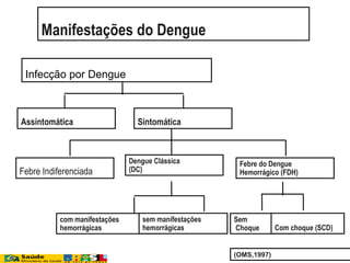 (OMS,1997)
Manifestações do Dengue
Assintomática Sintomática
Febre Indiferenciada
Dengue Clássica
(DC)
Febre do Dengue
Hemorrágico (FDH)
com manifestações
hemorrágicas
Infecção por Dengue
Sem
Choque Com choque (SCD)
sem manifestações
hemorrágicas
 