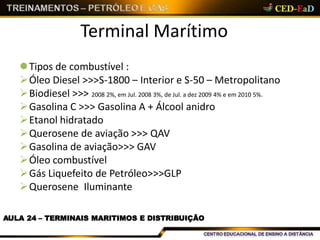 Terminal Marítimo
AULA 24 – TERMINAIS MARITIMOS E DISTRIBUIÇÃO
Tipos de combustível :
Óleo Diesel >>>S-1800 – Interior e S-50 – Metropolitano
Biodiesel >>> 2008 2%, em Jul. 2008 3%, de Jul. a dez 2009 4% e em 2010 5%.
Gasolina C >>> Gasolina A + Álcool anidro
Etanol hidratado
Querosene de aviação >>> QAV
Gasolina de aviação>>> GAV
Óleo combustível
Gás Liquefeito de Petróleo>>>GLP
Querosene Iluminante
 