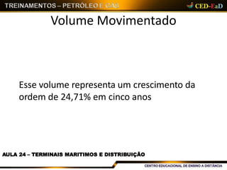 Volume Movimentado
AULA 24 – TERMINAIS MARITIMOS E DISTRIBUIÇÃO
Esse volume representa um crescimento da
ordem de 24,71% em cinco anos
 