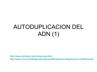 AUTODUPLICACION DEL
         ADN (1)


http://www.johnkyrk.com/index.esp.html
http://www.ucm.es/info/genetica/grupod/Replicacion/Replicacion.htm#Okazaki
 