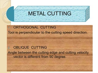 METAL CUTTING

1. ORTHOGONAL CUTTING
Tool is perpendicular to the cutting speed direction.



2. OBLIQUE CUTTING
Angle between the cutting edge and cutting velocity
   vector is different from 90 degree.
 