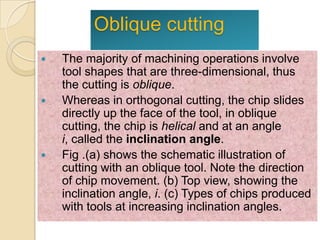 Oblique cutting
   The majority of machining operations involve
    tool shapes that are three-dimensional, thus
    the cutting is oblique.
   Whereas in orthogonal cutting, the chip slides
    directly up the face of the tool, in oblique
    cutting, the chip is helical and at an angle
    i, called the inclination angle.
   Fig .(a) shows the schematic illustration of
    cutting with an oblique tool. Note the direction
    of chip movement. (b) Top view, showing the
    inclination angle, i. (c) Types of chips produced
    with tools at increasing inclination angles.
 