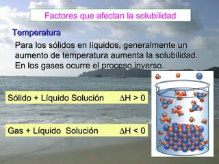 Factores que afectan la solubilidad
Temperatura
Para los sólidos en líquidos, generalmente un
aumento de temperatura aumenta la solubilidad.
En los gases ocurre el proceso inverso.

Sólido + Líquido Solución

∆H > 0

Gas + Líquido Solución

∆H < 0

 