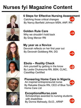 Nurses fyi Magazine Content 
6 Steps for Effective Nursing Assessment! 
Catching those critical changes! 
By Nancy Banfield Johnson MSN, ANP, RN 
Golden Rule Care 
Why we shouldn’t hold back 
By Greg Mercer RN! 
My year as a Novice 
Devorah reflects on her first year out 
By Devorah Goldberg RN, DG ! 
Ebola – Reality Check 
Arm yourself by getting in the know 
By Leslie Chukwuma RN, BSN, CLNC, 
CaseMap Certified 
Pioneering Home Care in Nigeria 
An inspired entrepreneurial nurse 
By Ralueke Ekezie RN, CEO of Blue Torch 
Home Care Ltd 
ExceptionalNurse.com 
Scholarships awarded to nursing students 
with disabilities 
By Donna Maheady, Ed.D., ARNP 
 