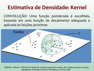 CÂMARA, Gilberto; CARVALHO, Marilia Sá. Análise espacial de eventos. Em: Análise espacial de dados
geográficos. Embrapa Cerrados, Planaltina, p. 53-122, 2004.
Estimativa de Densidade: Kernel
CONVOLUÇÃO: Uma função ponderada é escolhida,
baseada em uma função de decaimento adequada e
aplicada às feições próximas
 