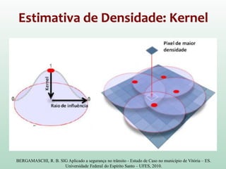 Estimativa de Densidade: Kernel
BERGAMASCHI, R. B. SIG Aplicado a segurança no trânsito - Estudo de Caso no município de Vitória – ES.
Universidade Federal do Espírito Santo – UFES, 2010.
 