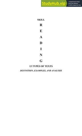 SKILL
R
E
A
D
I
N
G
13 TYPES OF TEXTS
DEFINITION, EXAMPLES, AND ANALYSIS
 