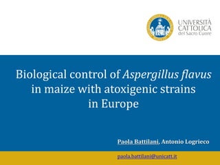 Biological	control	of	Aspergillus	flavus
in	maize	with	atoxigenic	strains										
in	Europe
Paola	Battilani,	Antonio	Logrieco
paola.battilani@unicatt.it
 
