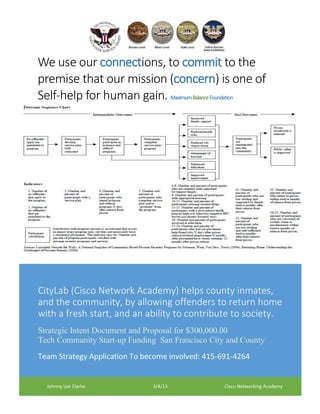 CityLab (Cisco Network Academy) helps county inmates,
and the community, by allowing offenders to return home
with a fresh start, and an ability to contribute to society.
Strategic Intent Document and Proposal for $300,000.00
Tech Community Start-up Funding San Francisco City and County
Team Strategy Application To become involved: 415-691-4264
Johnny Lee Clarke 3/4/13 Cisco Networking Academy
We use our connections, to commit to the
premise that our mission (concern) is one of
Self-help for human gain. MaximumBalanceFoundation
 