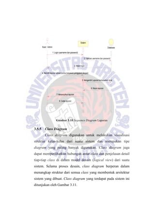 Kasir : Admin
Sistem
Database
1: Login (username danpassword)
2: Validasi username dan password
3: Returnlogin
4: Memilih laporan (absen,lembur,karyawan,penggajian,slipgaji)
5: MengambilLaporanberdasarkan input
6: Returnlaporan
7: Menampilkanlaporan
8: Cetak laporan
Gambar 3.10 Sequence Diagram Laporan
3.5.5 Class Diagram
Class diagram digunakan untuk melakukan visualisasi
struktur kelas-kelas dari suatu sistem dan merupakan tipe
diagram yang paling banyak digunakan. Class diagram juga
dapat memperlihatkan hubungan antar class dan penjelasan detail
tiap-tiap class di dalam model desain (logical view) dari suatu
sistem. Selama proses desain, class diagram berperan dalam
menangkap struktur dari semua class yang membentuk arsitektur
sistem yang dibuat. Class diagram yang terdapat pada sistem ini
ditunjukan oleh Gambar 3.11.
 