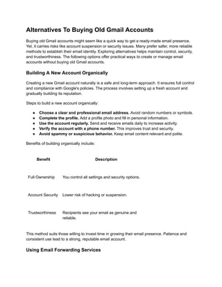Alternatives To Buying Old Gmail Accounts
Buying old Gmail accounts might seem like a quick way to get a ready-made email presence.
Yet, it carries risks like account suspension or security issues. Many prefer safer, more reliable
methods to establish their email identity. Exploring alternatives helps maintain control, security,
and trustworthiness. The following options offer practical ways to create or manage email
accounts without buying old Gmail accounts.
Building A New Account Organically
Creating a new Gmail account naturally is a safe and long-term approach. It ensures full control
and compliance with Google's policies. The process involves setting up a fresh account and
gradually building its reputation.
Steps to build a new account organically:
●​ Choose a clear and professional email address. Avoid random numbers or symbols.
●​ Complete the profile. Add a profile photo and fill in personal information.
●​ Use the account regularly. Send and receive emails daily to increase activity.
●​ Verify the account with a phone number. This improves trust and security.
●​ Avoid spammy or suspicious behavior. Keep email content relevant and polite.
Benefits of building organically include:
Benefit Description
Full Ownership You control all settings and security options.
Account Security Lower risk of hacking or suspension.
Trustworthiness Recipients see your email as genuine and
reliable.
This method suits those willing to invest time in growing their email presence. Patience and
consistent use lead to a strong, reputable email account.
Using Email Forwarding Services
 