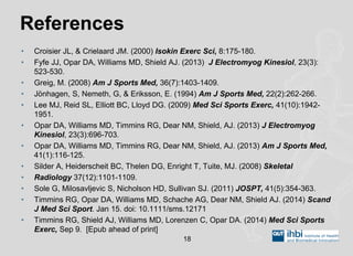 •Croisier JL, & Crielaard JM. (2000) Isokin Exerc Sci, 8:175-180. 
•Fyfe JJ, Opar DA, Williams MD, Shield AJ. (2013) J Electromyog Kinesiol, 23(3): 523-530. 
•Greig, M. (2008) Am J Sports Med, 36(7):1403-1409. 
•Jönhagen, S, Nemeth, G, & Eriksson, E. (1994) Am J Sports Med, 22(2):262-266. 
•Lee MJ, Reid SL, Elliott BC, Lloyd DG. (2009) Med Sci Sports Exerc, 41(10):1942- 1951. 
•Opar DA, Williams MD, Timmins RG, Dear NM, Shield, AJ. (2013) J Electromyog Kinesiol, 23(3):696-703. 
•Opar DA, Williams MD, Timmins RG, Dear NM, Shield, AJ. (2013) Am J Sports Med, 41(1):116-125. 
•Silder A, Heiderscheit BC, Thelen DG, Enright T, Tuite, MJ. (2008) Skeletal 
•Radiology 37(12):1101-1109. 
•Sole G, Milosavljevic S, Nicholson HD, Sullivan SJ. (2011) JOSPT, 41(5):354-363. 
•Timmins RG, Opar DA, Williams MD, Schache AG, Dear NM, Shield AJ. (2014) Scand J Med Sci Sport. Jan 15. doi: 10.1111/sms.12171 
•Timmins RG, Shield AJ, Williams MD, Lorenzen C, Opar DA. (2014) Med Sci Sports Exerc, Sep 9. [Epub ahead of print] 
References 
18 