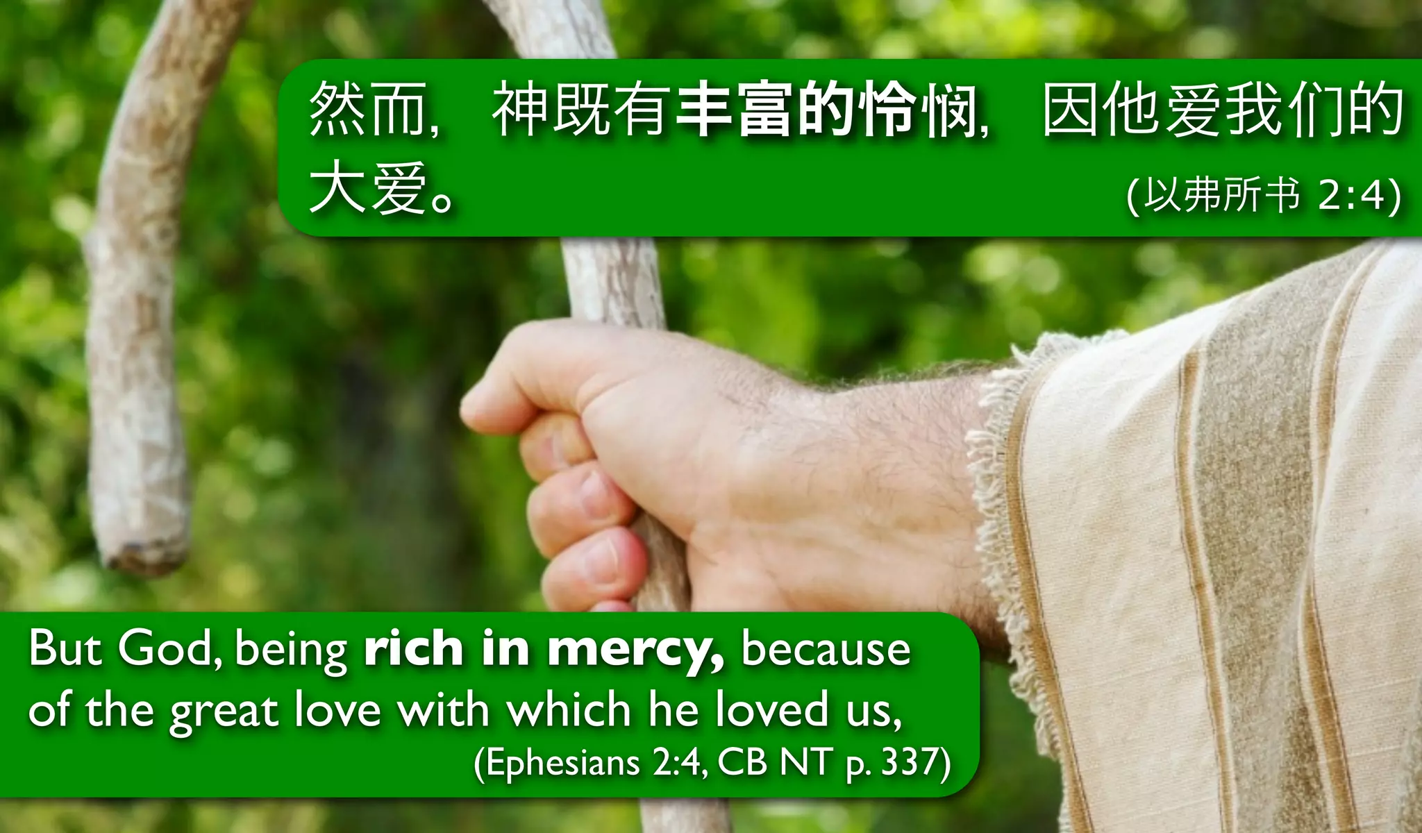 然而，神既有丰富的怜悯，因他爱我们的
            大爱。          (以弗所书 2:4)




But God, being rich in mercy, because
of the great love with which he loved us,
                    (Ephesians 2:4, CB NT p. 337)
 