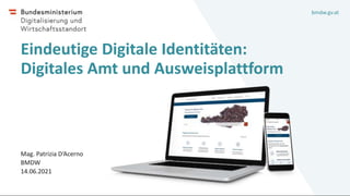 bmdw.gv.at
Eindeutige Digitale Identitäten:
Digitales Amt und Ausweisplattform
Mag. Patrizia D‘Acerno
BMDW
14.06.2021
 