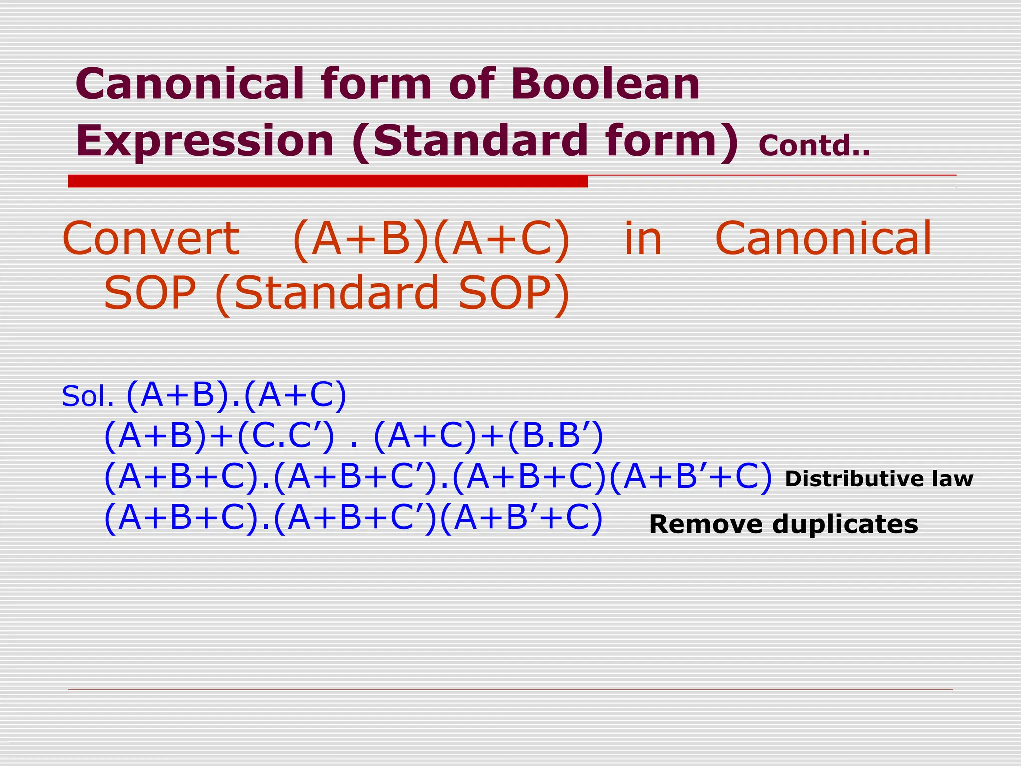 Canonical form of Boolean
Expression (Standard form) Contd..
Convert (A+B)(A+C) in Canonical
SOP (Standard SOP)
Sol. (A+B).(A+C)
(A+B)+(C.C’) . (A+C)+(B.B’)
(A+B+C).(A+B+C’).(A+B+C)(A+B’+C)
(A+B+C).(A+B+C’)(A+B’+C)
Distributive law
Remove duplicates
 