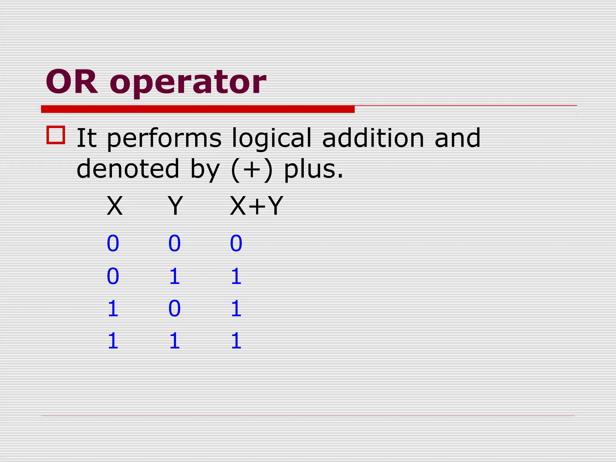 OR operator
 It performs logical addition and
denoted by (+) plus.
X Y X+Y
0 0 0
0 1 1
1 0 1
1 1 1
 