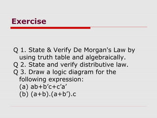 Exercise
Q 1. State & Verify De Morgan's Law by
using truth table and algebraically.
Q 2. State and verify distributive law.
Q 3. Draw a logic diagram for the
following expression:
(a) ab+b’c+c’a’
(b) (a+b).(a+b’).c
 