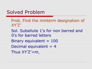 Solved Problem
Prob. Find the minterm designation of
XY’Z’
Sol. Subsitute 1’s for non barred and
0’s for barred letters
Binary equivalent = 100
Decimal equivalent = 4
Thus XY’Z’=m4
 