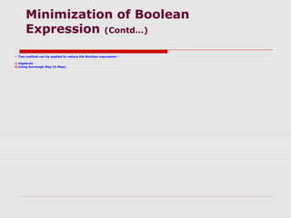 Minimization of Boolean
Expression (Contd…)
 Two method can by applied to reduce the Boolean expression –
i) Algebraic
ii)Using Karnaugh Map (K-Map).
 