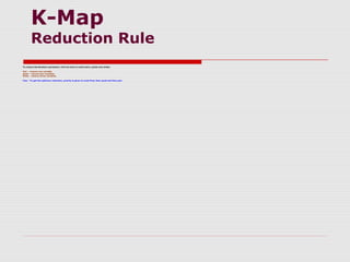 K-Map
Reduction Rule
To reduce the Boolean expression, first we have to mark pairs, quads and octets.
Pair – remove one variable
Quad – remove two variables
Octet – remove three variables
Imp – To get the optimum reduction, priority is given to octet first, then quad and then pair.
 