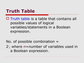 Truth Table
 Truth table is a table that contains all
possible values of logical
variables/statements in a Boolean
expression.
No. of possible combination =
2n
, where n=number of variables used in
a Boolean expression.
 