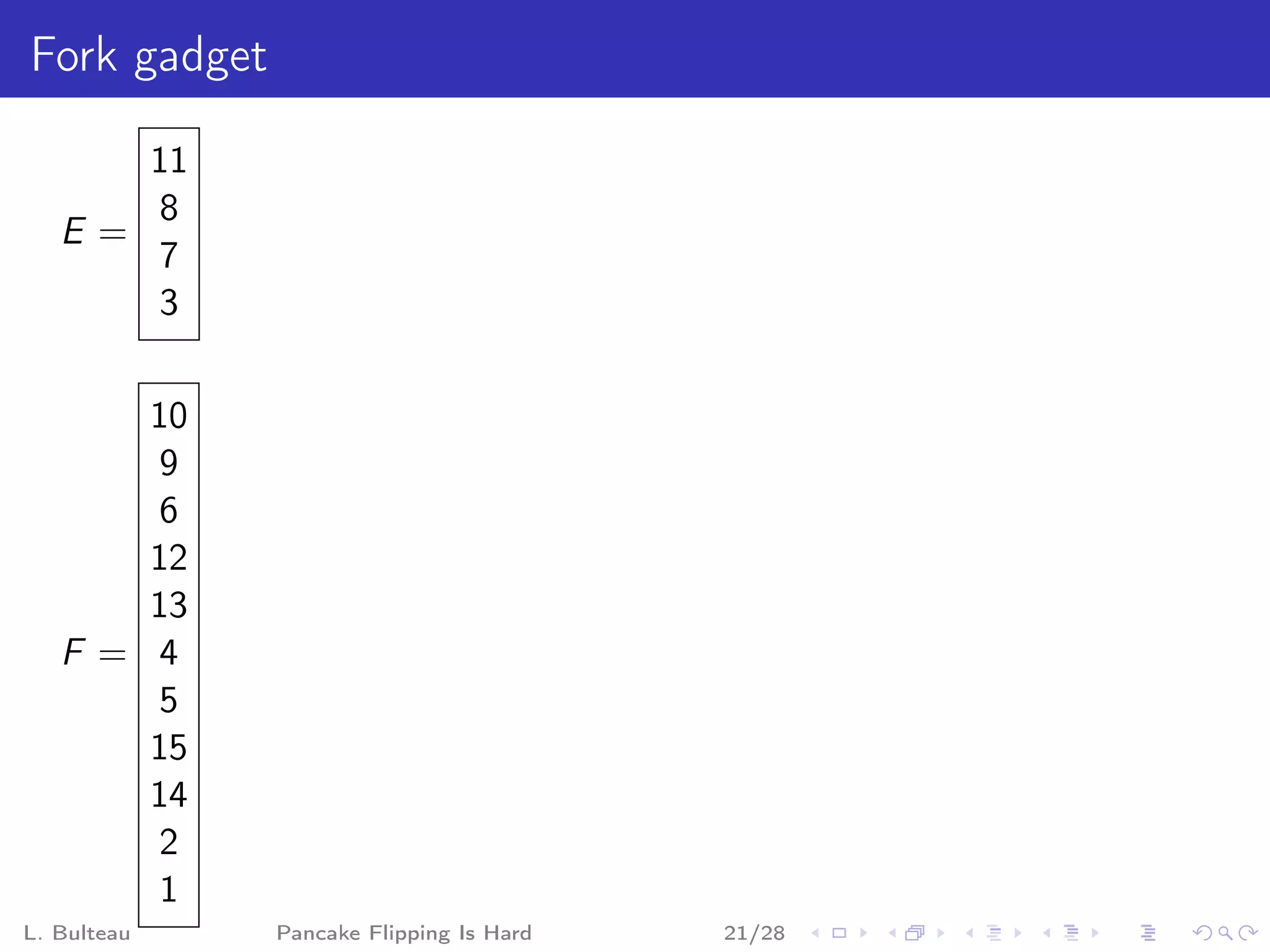 Fork gadget

      11
      8
   E=
      7
      3

       10
        9
        6
       12
       13
   F = 4
        5
       15
       14
        2
        1
L. Bulteau    Pancake Flipping Is Hard   21/28
 