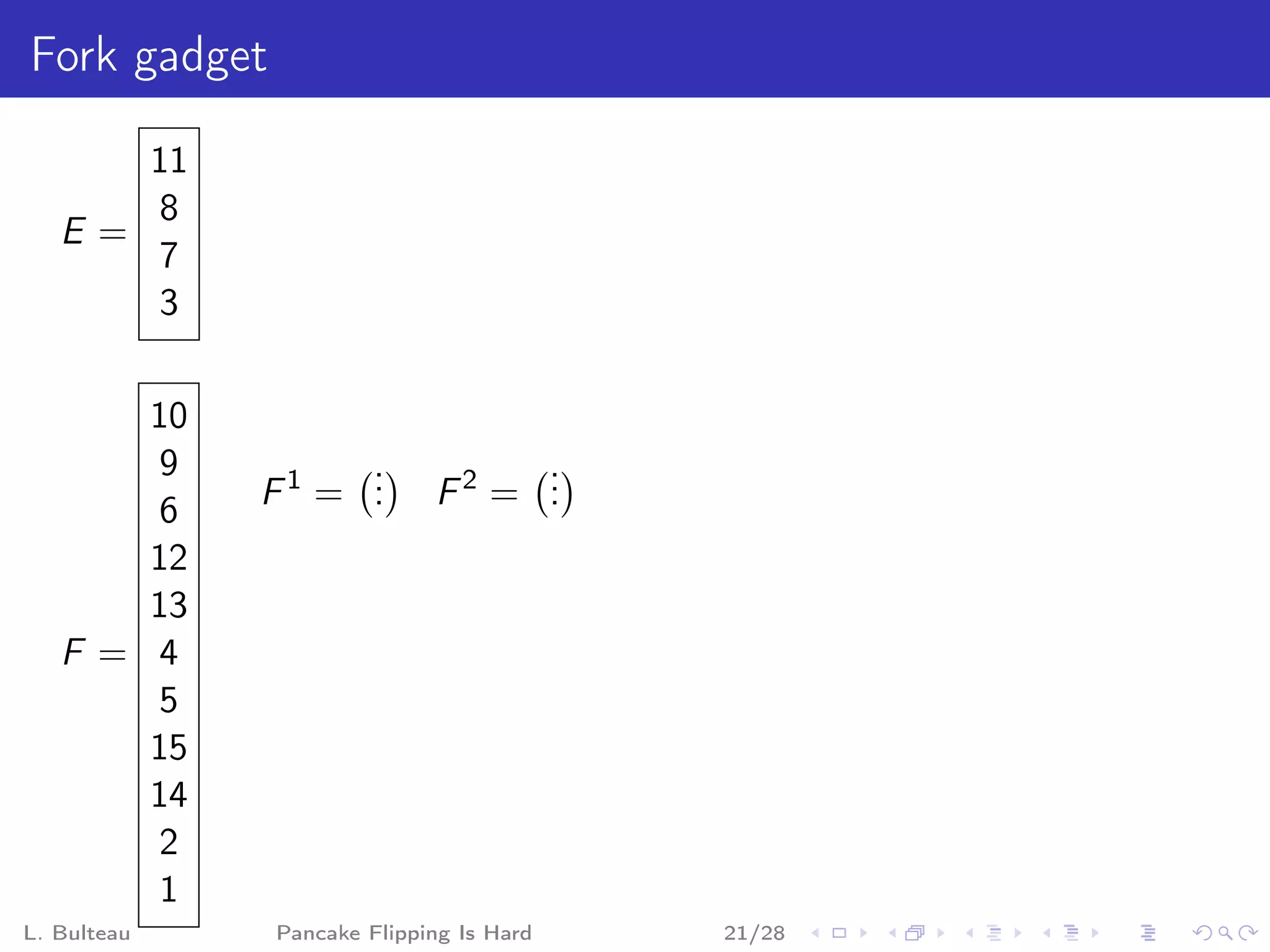 Fork gadget

      11
      8
   E=
      7
      3

       10
        9         .              .
        6    F1 = .
                  .         F2 = .
                                 .
       12
       13
   F = 4
        5
       15
       14
        2
        1
L. Bulteau    Pancake Flipping Is Hard   21/28
 