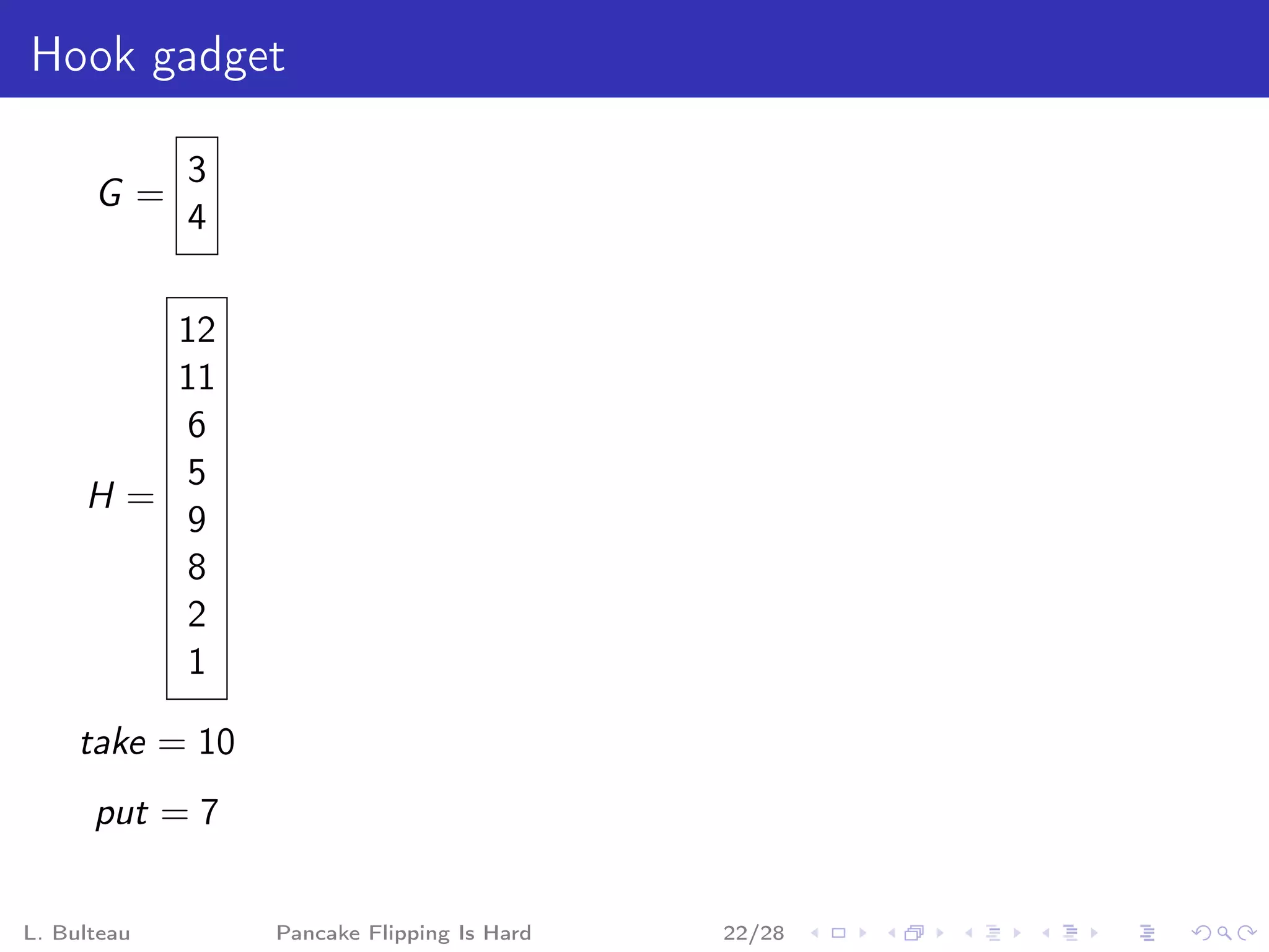 Hook gadget

             3
      G=
             4

        12
        11
         6
         5
     H=
         9
         8
         2
         1

     take = 10
      put = 7


L. Bulteau       Pancake Flipping Is Hard   22/28
 